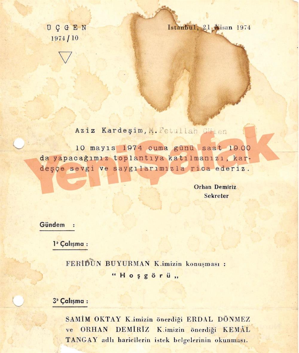Gülen'in davet edildiği 10 Mayıs 1974 tarihli belgede, Feridun Buyurman'ın sunum yapacağı belirtiliyor.
