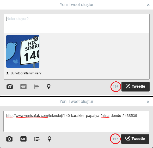 Görselde de gördüğümüz üzere link veya fotoğraf eklediğimizde karakter sınırı düşüyor.