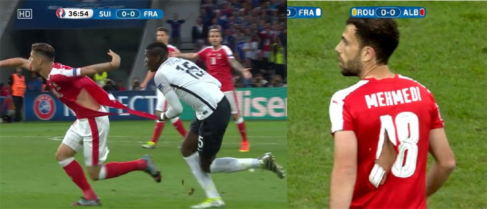 Pogba'nın müdahalesiyle Xhaka'nın forması yırtıldı (solda) , Mehmedi'nin formasını da Pogba yırttı.