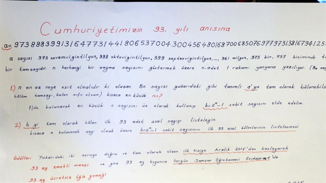 Samsunlu emekli matematik öğretmeni, hazırladığı 2 matematik sorusunu 5 Aralık 2016 saat 18.00´e kadar çözen ilk kişiye 93 ay süresince emekli maaşını vereceğini açıklamıştı.