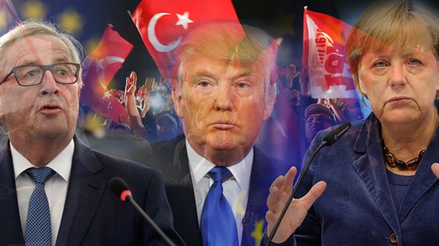 AB Komisyonu Başkanı Jean Claude Juncker, ABD Başkanı Donald Trump, Almanya Başbakanı Angela Merkel.