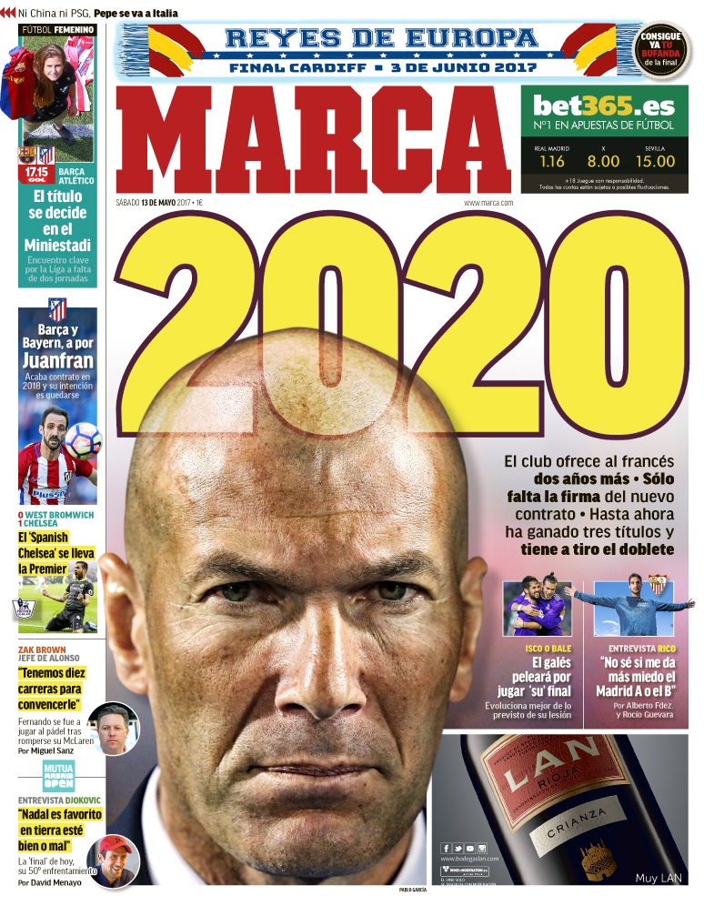 Marca, Zidane'ın 2020'ye kadar Real Madrid'de kalacağını manşetten duyurdu.