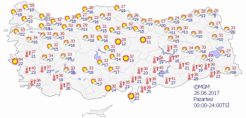 Meteoroloji Genel Müdürlüğünün bugün için hava durumu tahmin haritası. 