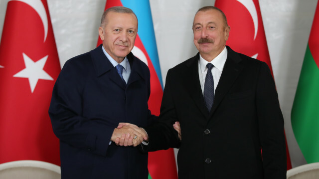 Turkish President Recep Tayyip Erdogan and Azerbaijani President Ilham Aliyev hold a joint press conference in Zangilan, Azerbaijan on October 26, 2021.