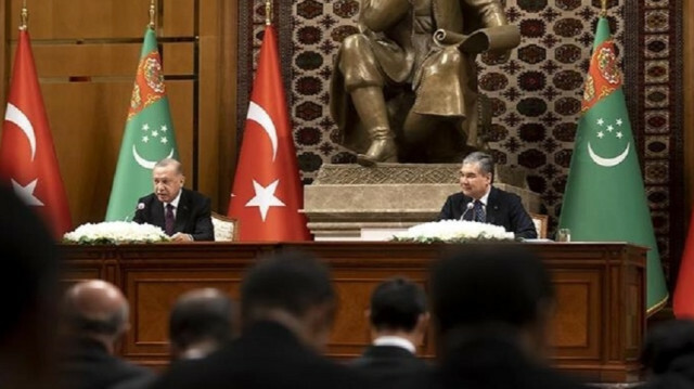 Recep Tayyip Erdogan is seen at a joint press conference alongside his counterpart Gurbanguly Berdimuhamedow.