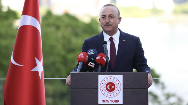 Turkish Foreign Minister Mevlut Cavusoglu speaks at the Turkevi Center in New York, United States on May 17, 2022 during a gathering with Turkish American community.