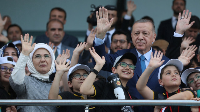 Turkish President Recep Tayyip Erdogan and his wife Emine Erdogan attend report card day event at the Uskudar Felek Stadium in Istanbul, Türkiye on June 17, 2022.