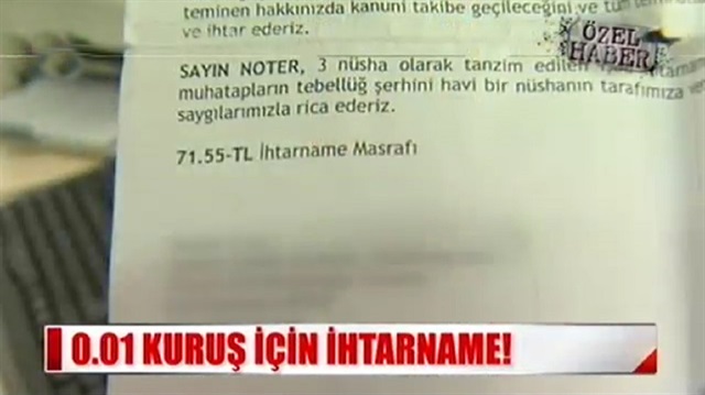 Bankadan 0.01 kuruş için ihtarname