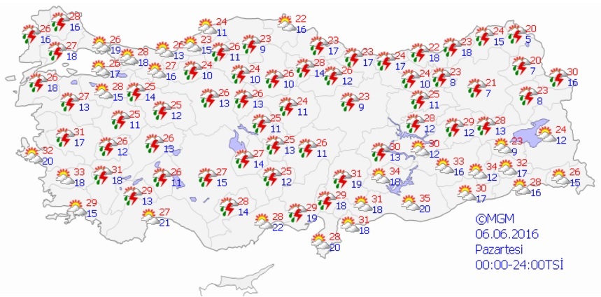 Meteoroloji Genel Müdürlüğünün, Ramazan'ın 1. günü için hava durumu tahmin haritası.
