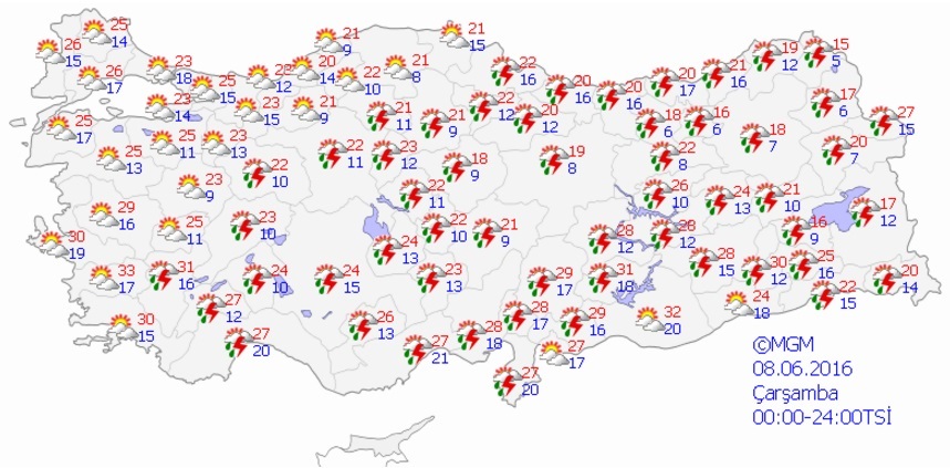 Meteoroloji Genel Müdürlüğünün, Ramazan'ın 3. günü için hava durumu tahmin haritası.