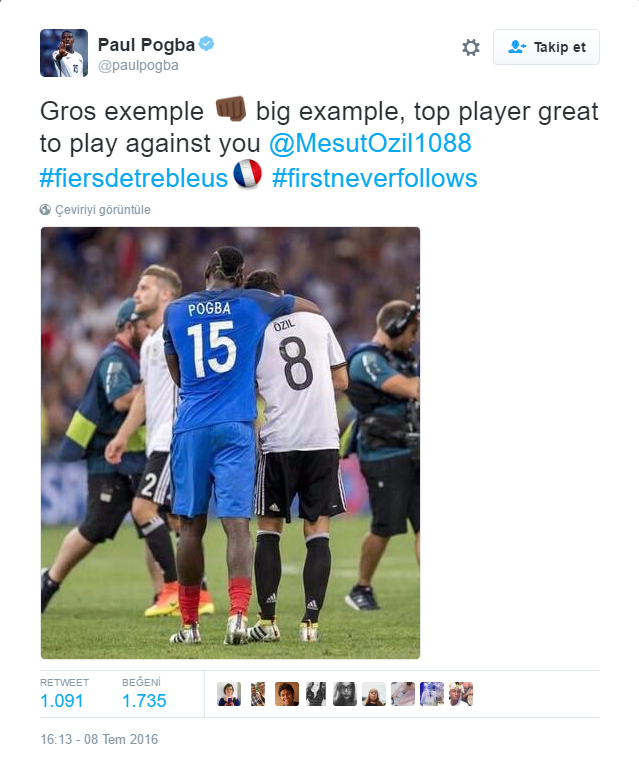 Pogba'nın Mesut'u öven tweeti.