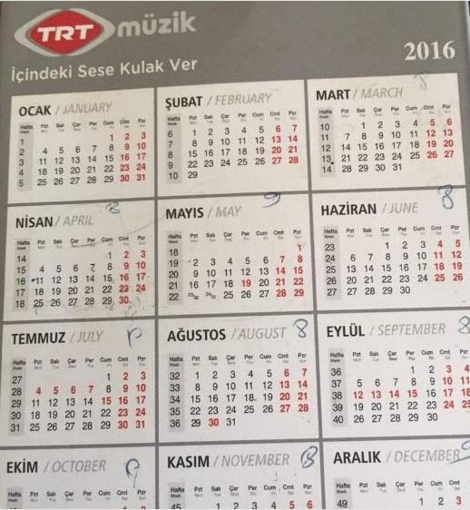 TRT Müzik'in kurumsal takviminde 15 Temmuz'un 'kırmızı' ile belirlenmiş olduğu net bir şekilde görülüyor.