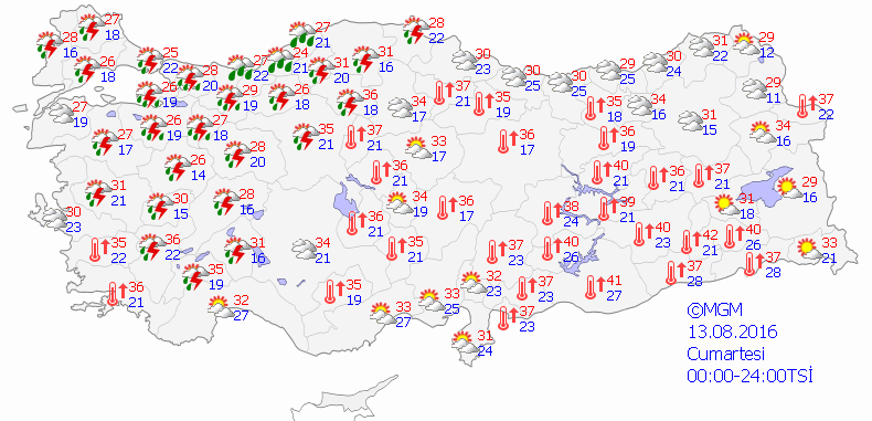 Meteorolojinin 13 Ağustos Cumartesi günü için hava durumu tahmin haritası.