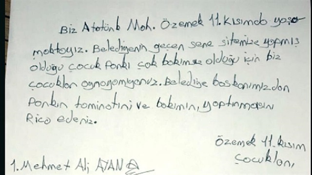 7 çocuk, mahallelerindeki parka bakım yapılması için Burdur Belediye Başkanı Ali Orkun Ercengiz'e sosyal medya üzerinden dilekçe yazdı.