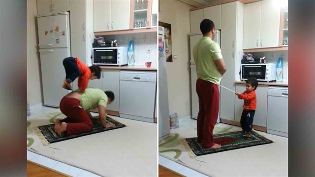 Babasına namazı bozduran afacan kahkahaya boğdu