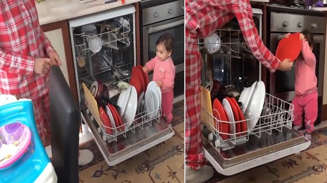 Annesinin ev işlerine yardım eden dünya tatlısı minik