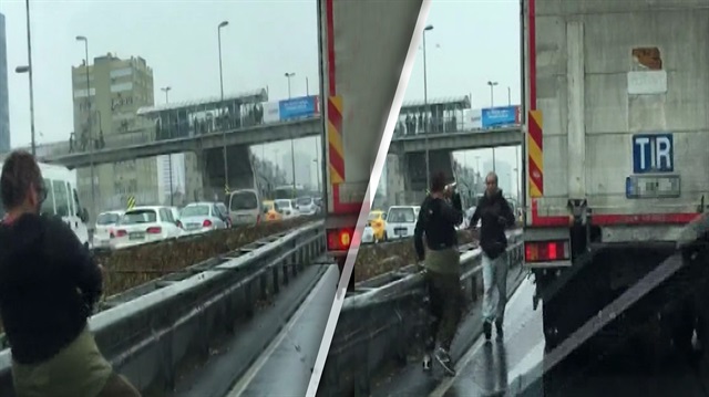 Trafikte ilginç anlar: İple TIR'ı durdurmaya çalıştı, şoföre vurup kaçtı