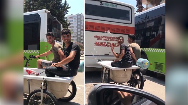 Motosiklete yaptığı küvetli düzenekle görenleri hayrete düşürdü