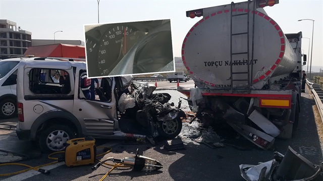Güvenik şeridindeki tankere arkadan çarpan aracın hız kadranı 140 km'de kaldı.