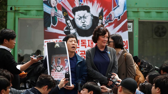 Park Sang-hak, a North Korean defector and leader of an anti-North Korea civic group, speaks as he prepares to release balloons containing leaflets denouncing North Korean leader Kim Jong Un, near the demilitarized zone in Paju, South Korea.