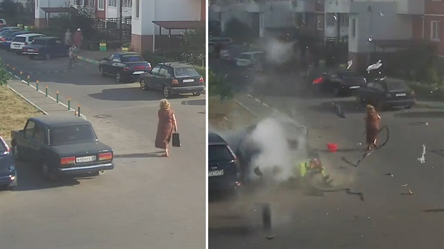 Park halindeki tüplü aracın bomba gibi patladığı an kamerada