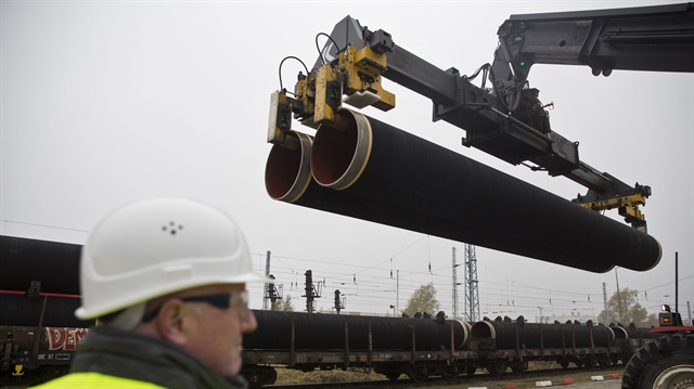 A handout by Nord Stream 2 claims to show the first pipes for the Nord Stream 2 pipeline 