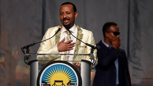 Ethiopia's Prime Minister Abiy Ahmed addresses his country's diaspora, the largest outside Ethiopia, calling on them to return, invest and support their native land with the theme "Break The Wall Build The Bridge", in Washington, U.S., July 28, 2018. 