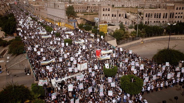 File photo: Houthi supporters rally to mark the anniversary of launching their motto (Sarkha), in which they call for the "Death of America and Israel", in Sanaa, Yemen
