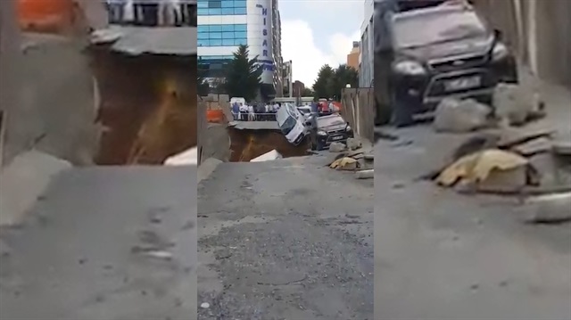 Ümraniye'de araçlar çukura böyle düştü
