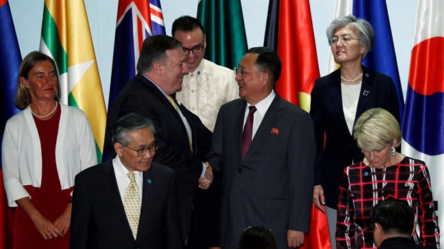 US Secretary of State Pompeo, N Korea minister Ri shake hands