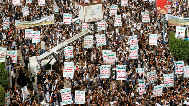 File photo: Houthi supporters rally to mark the anniversary of lunching their motto (Sarkha)