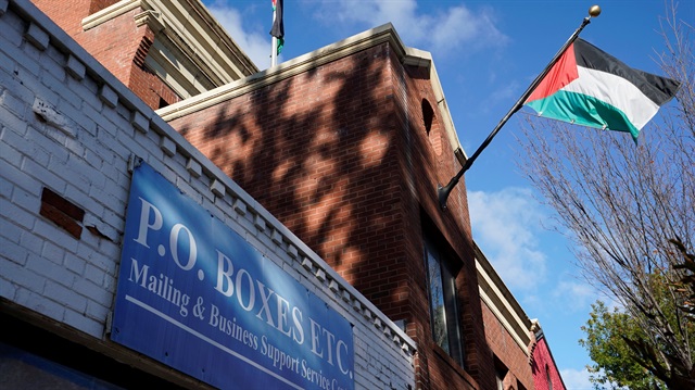 Palestinian flag waves at Palestine Liberation Organization office in Washington, U.S.