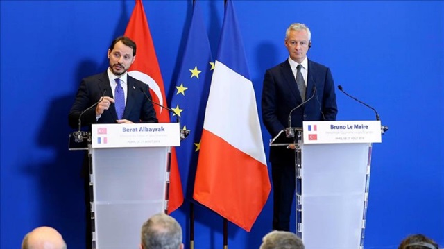 Turkish Treasury and Finance Minister Berat Albayrak (L) and French Minister of Economy Bruno Le Maire (R) hold a joint press conference in Paris, France on August 27, 2018.