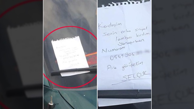 Aracına çarptığı kişiye not bırakan sürücü, kaza sonrası oluşan maddi hasarı karşıladı.