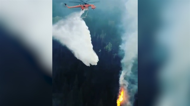 Yangın söndürme helikopterinin tam isabetle yangına müdahalesi