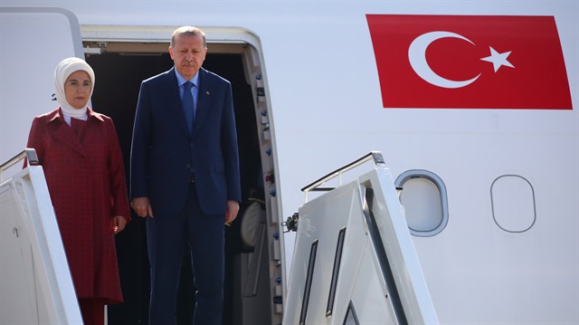 Turkish President Tayyip Erdogan with his wife Emine arrive at the Tegel airport in Berlin, Germany, September 27, 2018. 