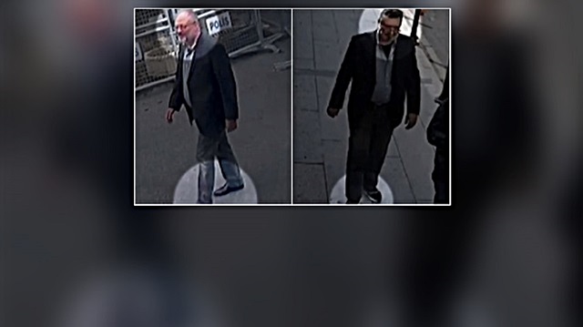 Jamal Khashoggi entering the Saudi consulate (L) and one of the 15 Saudis sent to confront Khashoggi dressed in his clothes (R).