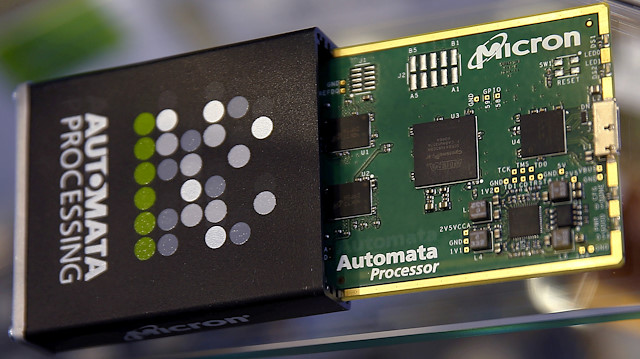Memory chip parts of U.S. memory chip maker Micron Technology are pictured at their booth at an industrial fair 