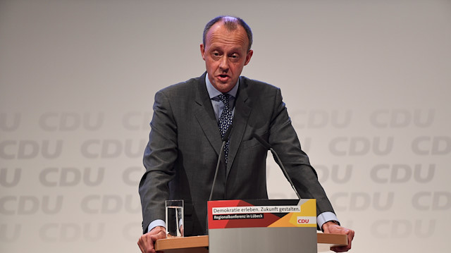 Christian Democratic Union (CDU) candidate Friedrich Merz speaks at a regional conference in Luebeck, Germany.