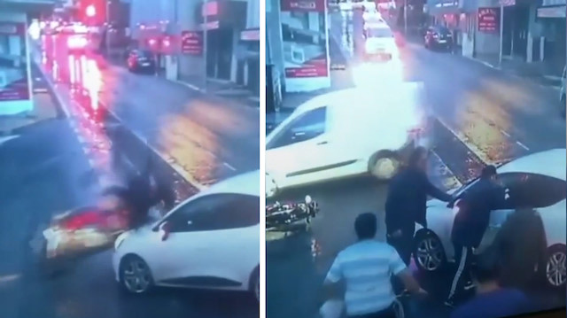 Kaza yapan motosikletli öfkesini çarpıştığı otomobilden çıkardı