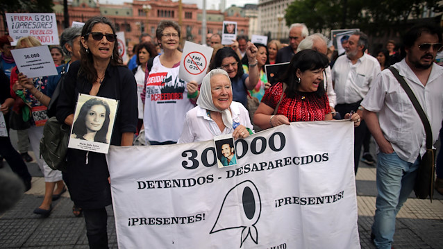 Nora Cortinas, member of the human rights group Madres de Plaza de Mayo (Mothers of the Disappeared), attends a protest ahead of the G20 leaders summit, in Buenos Aires, Argentina November 29, 2018. REUTERS/Agustin Marcarian

