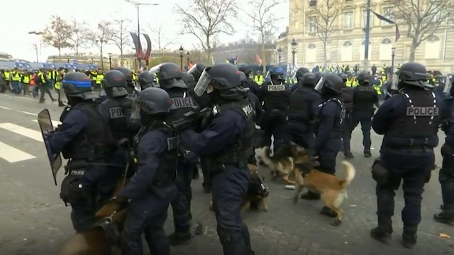 French police deploy dogs during 'yellow vest' protests at Arc de Triomphe