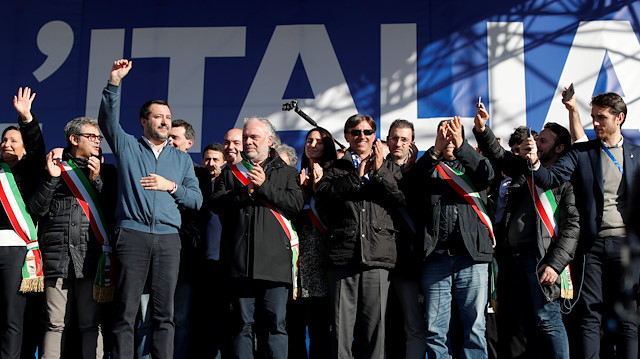 Leader of right-wing League party and Italian Interior Minister Matteo Salvini waves during a rally in Rome, Italy, December 8, 2018