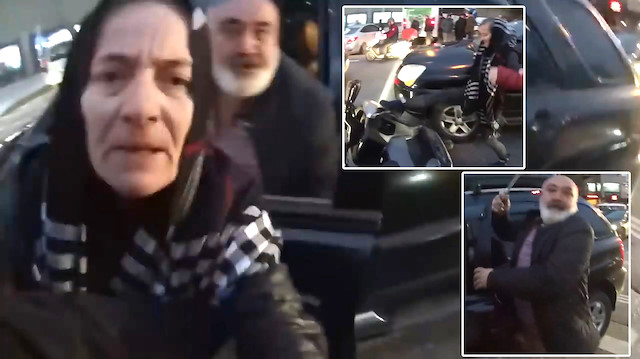 Copla sürücüye saldırırken karısı da motosikleti tekmeledi!