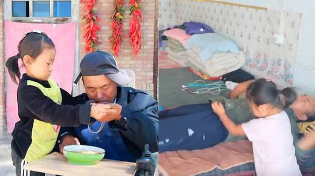Felçli adama 6 yaşındaki kızı bakıyor