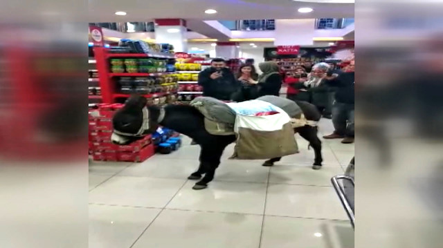 Poşet parası vermemek için market alışverişine eşekle geldi