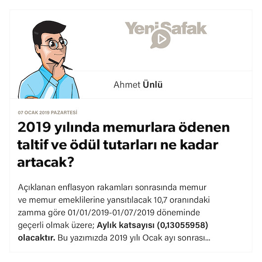 2019 yılında memurlara ödenen taltif ve ödül tutarları ne kadar artacak?