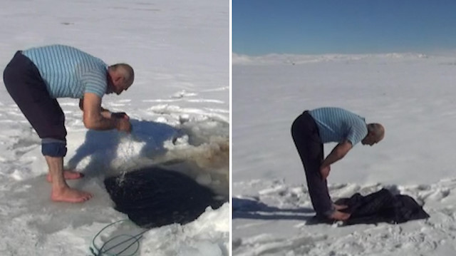 Donan göl üzerinde namaz kılıyor
