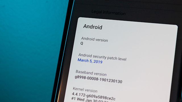 Android Q yüklü bir akıllı telefon.