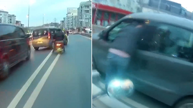 Motosikletli aniden şerit değiştiren otomobil sürücüsüne saldırdı